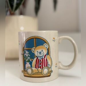 Vintage Otagiri Cream Mug with Teddy Bear in Red-Striped Vest and Blue Window